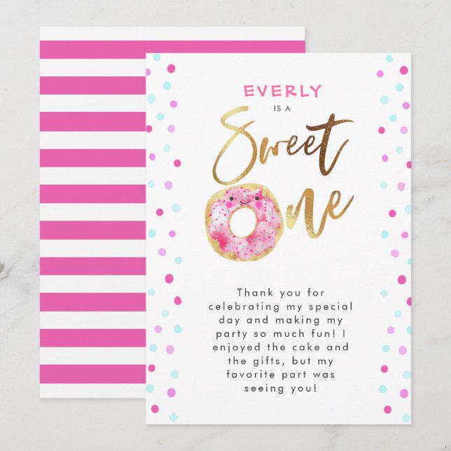 Carte De Remerciements Fête d'anniversaire de l'un des beignets roses (Devant / Derrière)