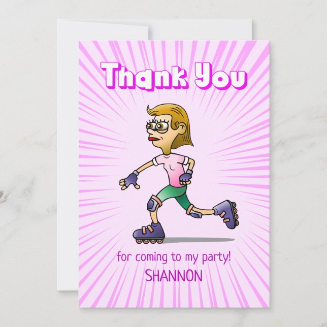 Carte De Remerciements Fête d'anniversaire de patin à roulettes rose (Devant)