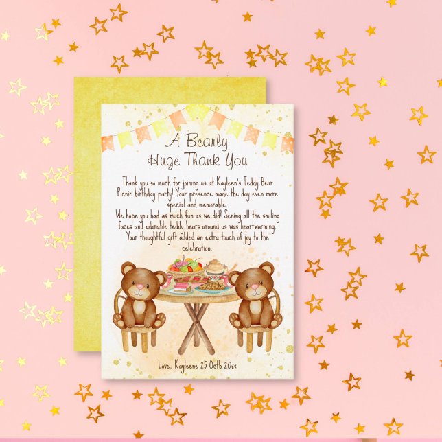 Carte De Remerciements fête d'anniversaire de pique-nique nounours (Teddy bear picnic birthday thank you card two cute teddies at the picnic party table)