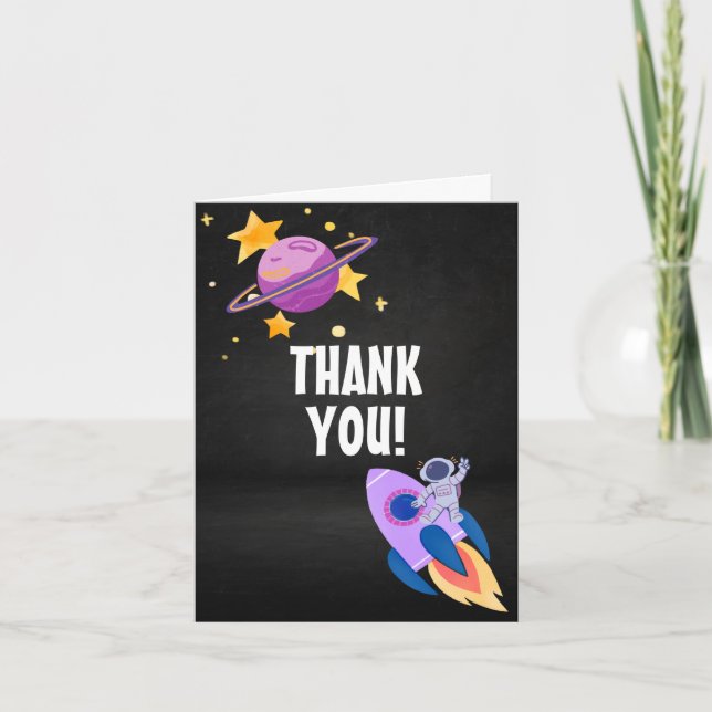 Carte De Remerciements Fête d'anniversaire : Décollage dans l'espace Merc (Devant)