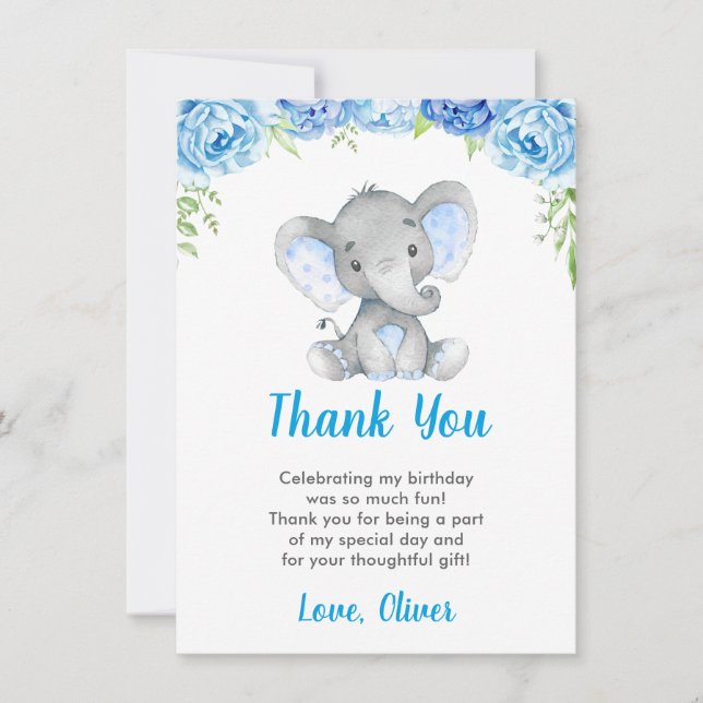 Carte De Remerciements Fête d'anniversaire d'Elephant Boy Blue Little Pea (Devant)