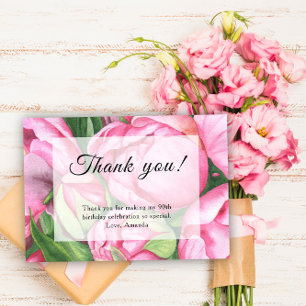 Carte De Remerciements Fête d'anniversaire des 90 ans aux pivoines roses