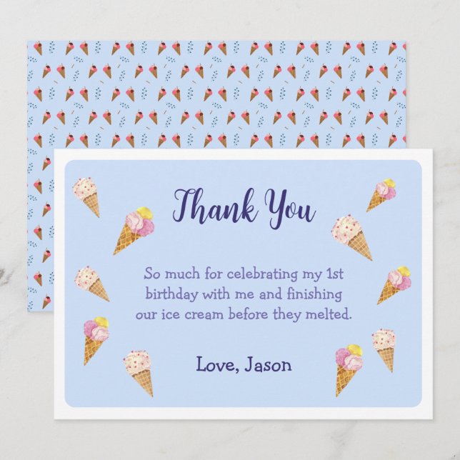 Carte De Remerciements Fête d'anniversaire garçon cône de glace mignon bl (Devant / Derrière)