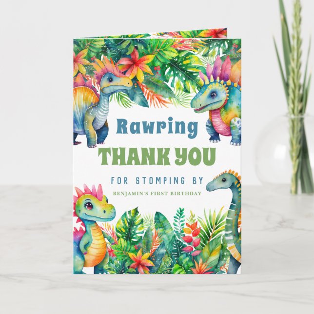 Carte De Remerciements Fête d'anniversaire garçon dinosaure personnalisée (Devant)