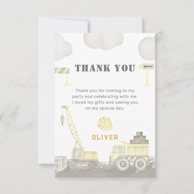 Carte De Remerciements Fête d'anniversaire garçon enfant construction amu (Devant)