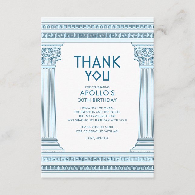 Carte De Remerciements Fête d'anniversaire grecque avec temple bleu (Devant)
