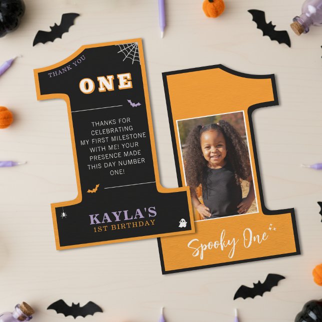 Carte De Remerciements Fête d'anniversaire Halloween 1re Spooky One Photo (Halloween 1st Birthday Party Spooky One Photo Thank You Card
)