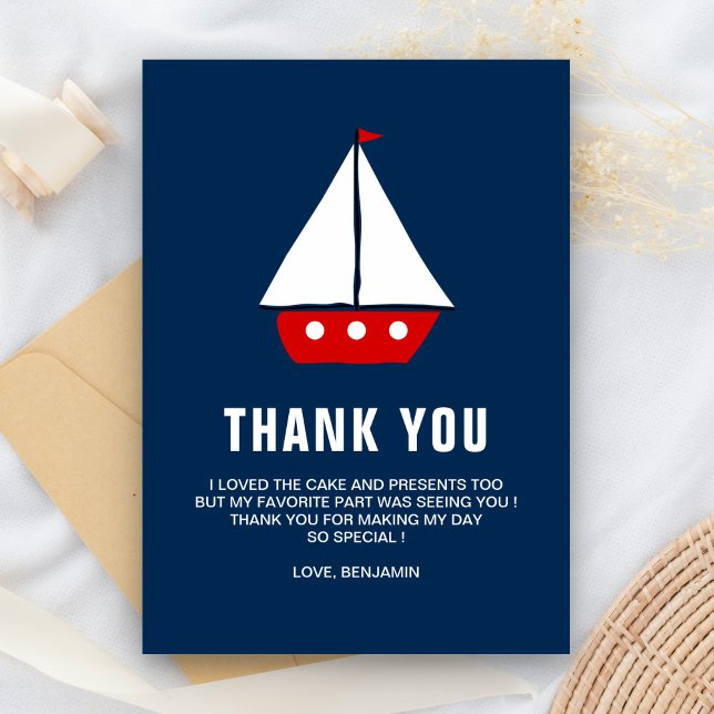 Carte De Remerciements Fête d'anniversaire nautique Bateau à voile rouge (Créateur téléchargé)