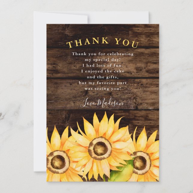 Carte De Remerciements Fête d'anniversaire Thème Tournesol Jaune Rustique (Devant)