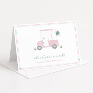 Carte De Remerciements Fête de bébé fille au golf cart rose aquarelle