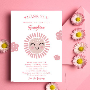 Carte De Remerciements Fête de Bébé Fille Petit Soleil Rose 