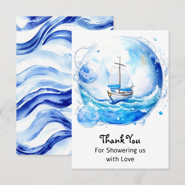 Carte De Remerciements Fête de bienvenue nautique : Baby shower garçon (Devant / Derrière)