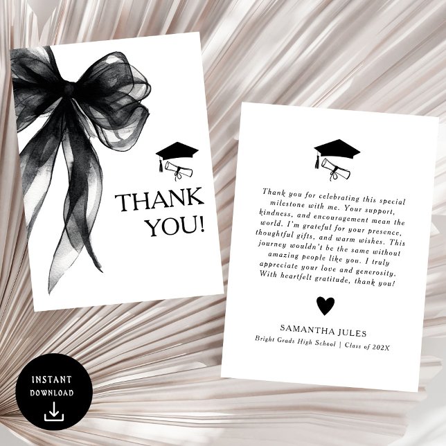 Carte De Remerciements Fête de graduation de Black Bow moderne (Créateur téléchargé)
