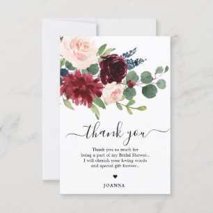 Carte De Remerciements Fête de l'mariée florale de la marine Blue Blush e