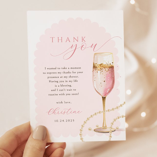 Carte De Remerciements Fête de mariage avec perles d'or rose et Prosecco (Créateur téléchargé)