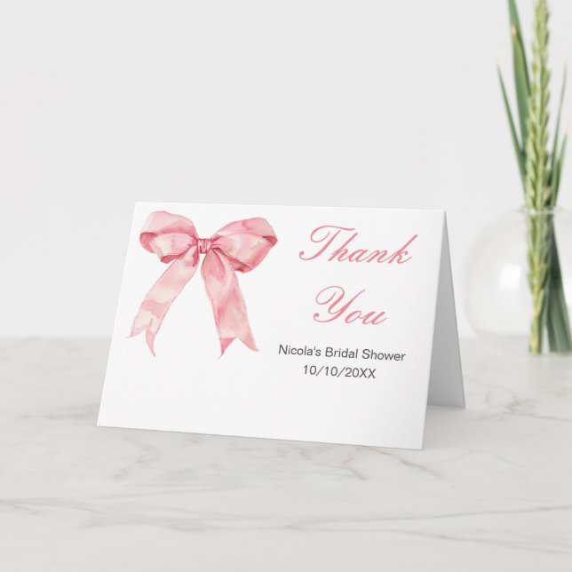 Carte De Remerciements Fête de mariage avec un nœud coquet rose (Devant)