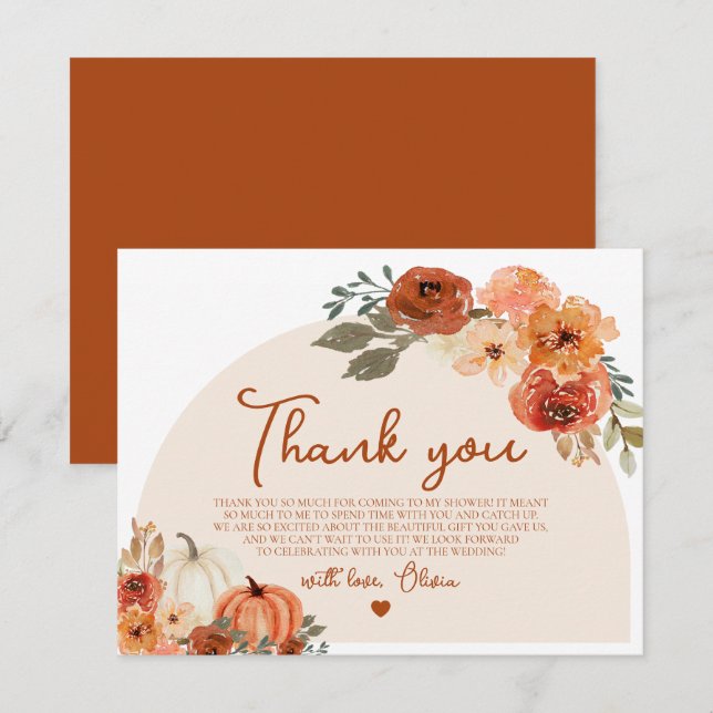 Carte De Remerciements Fête de mariage champêtre automnal citrouille flor (Devant / Derrière)