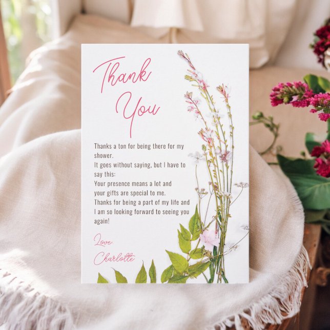 Carte De Remerciements Fête de mariage champêtre bohème moderne avec fleu (Modern boho wildflowers script photo bridal shower thank you card)