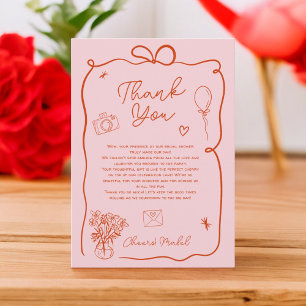 Carte De Remerciements Fête de mariage dessinée à la main en rouge rose r