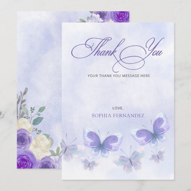 Carte De Remerciements Fête de mariage Papillons à vie Violet (Devant / Derrière)
