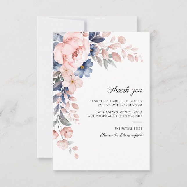 Carte De Remerciements Fête de mariage rose bleu floral script (Devant)