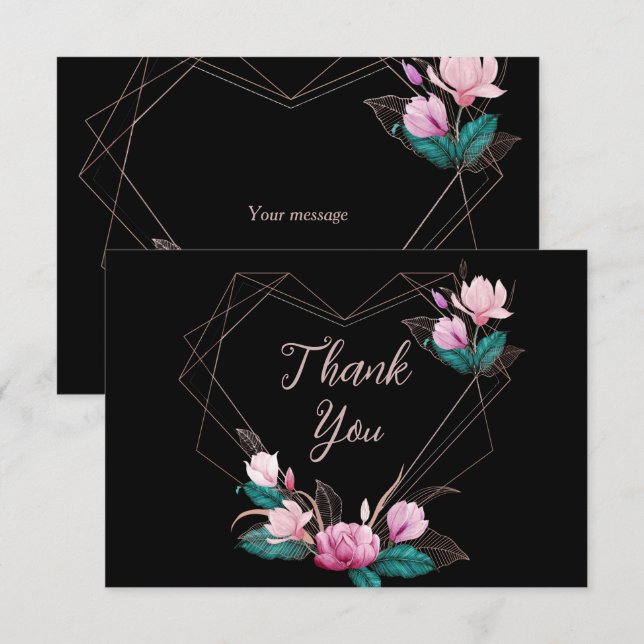 Carte De Remerciements Fête de mariage rose Floral Cadre géométrique Noir (Devant / Derrière)