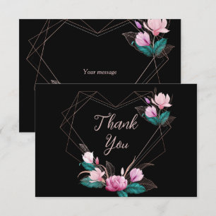 Carte De Remerciements Fête de mariage rose Floral Cadre géométrique Noir