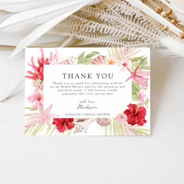 Carte De Remerciements Fête de mariage tropicale rose coquillages (Créateur téléchargé)