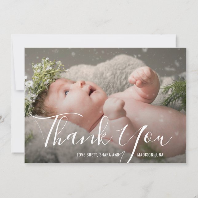 Carte De Remerciements Fête de Naissance avec Photo de Bébé Écriture Élég (Devant)