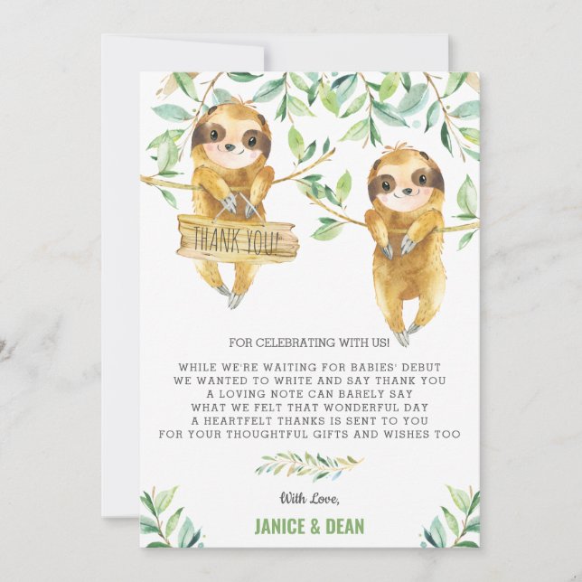 Carte De Remerciements Fête de naissance jumeaux bébé paresseux mignon ve (Devant)