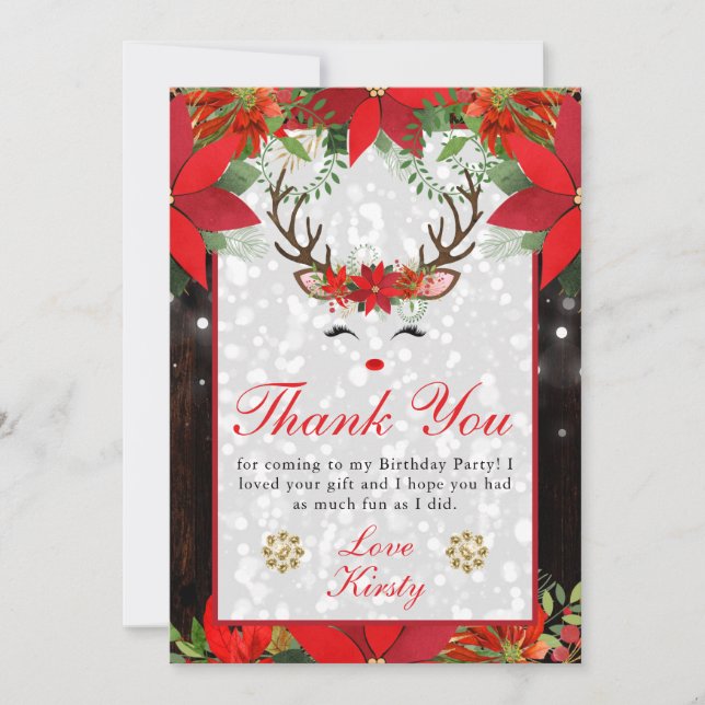Carte De Remerciements Fête de Noël de Poinsettia Reindeer (Devant)