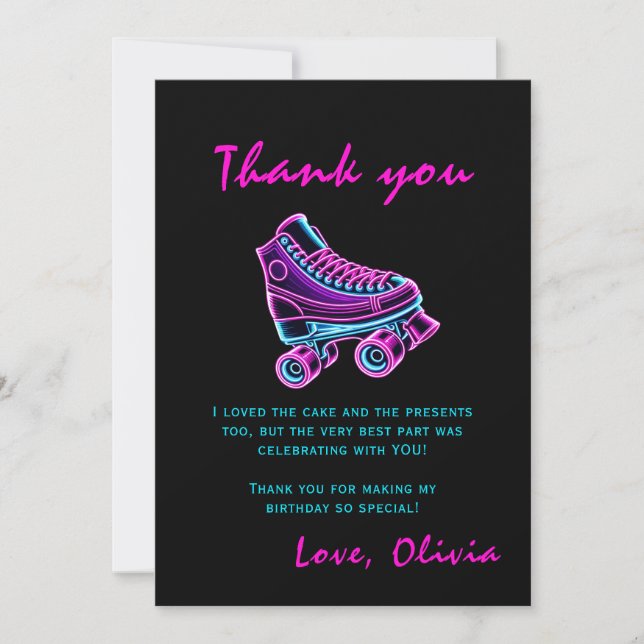 Carte De Remerciements Fête de patinage à rouleaux Filles Neon Glow Anniv (Devant)