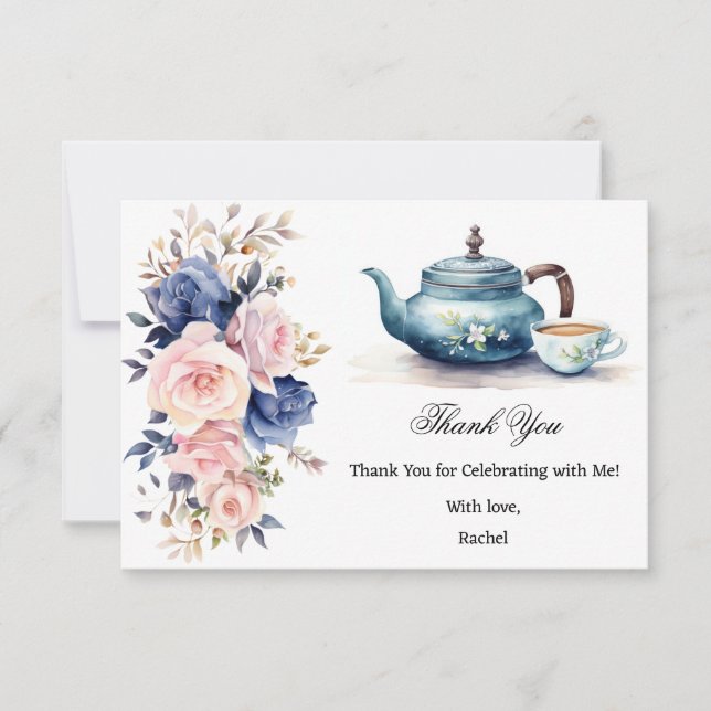 Carte De Remerciements Fête de thé florale rose et bleue pour la mariée (Devant)