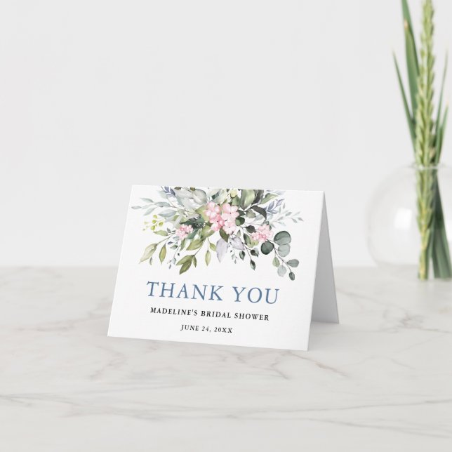 Carte De Remerciements Fête des mariées Aquarelle Verdure rose Dusty bleu (Devant)