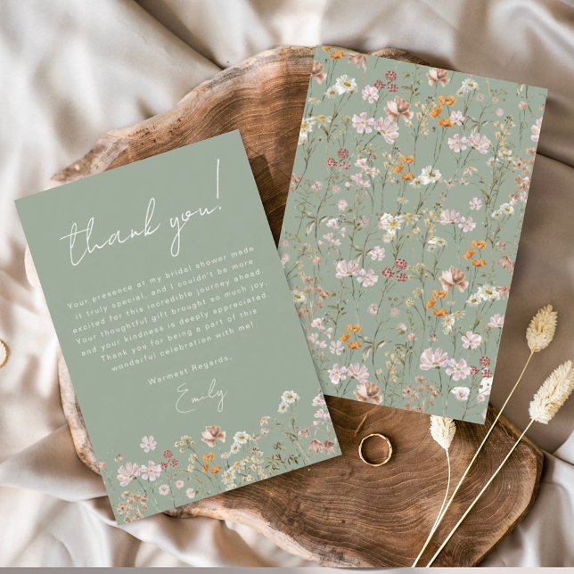 Carte De Remerciements Fête des mariées Boho Fleur sauvage Sage Green (Créateur téléchargé)
