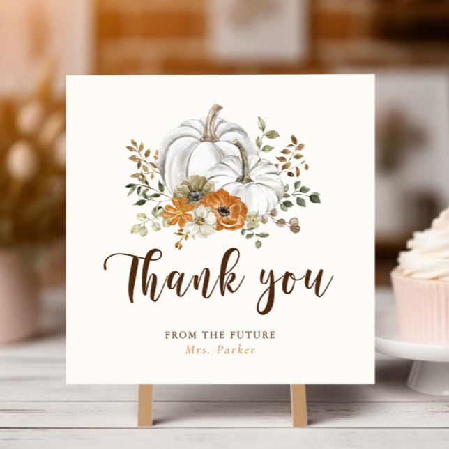 Carte De Remerciements Fête des mariées Citrouille blanc automne (Rustic Fall White Pumpkin Bridal Shower Thank You Card Square)