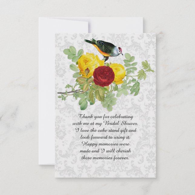 Carte De Remerciements Fête des mariées Damask Roses et Songbird (Devant)