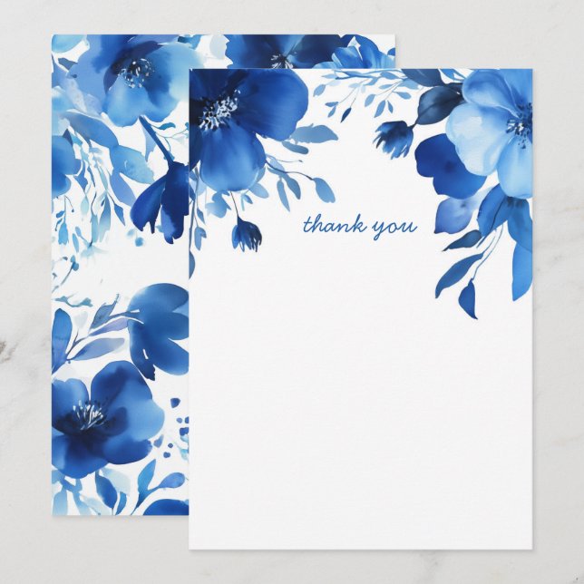 Carte De Remerciements Fête des mariées d'aquarelle Blue Blooms PERSONNAL (Devant / Derrière)