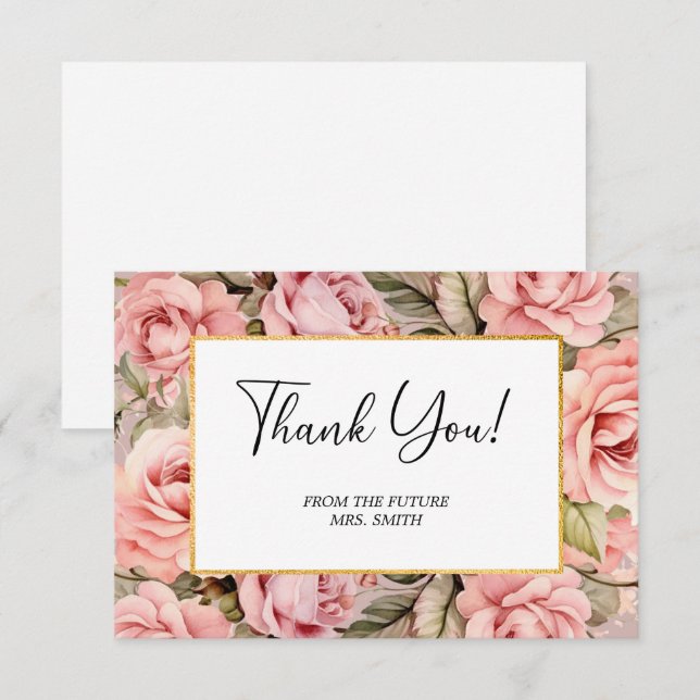 Carte De Remerciements Fête des mariées d'aquarelle florale Rose (Devant / Derrière)
