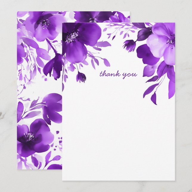 Carte De Remerciements Fête des mariées d'aquarelle pourpre fleurie PERSO (Devant / Derrière)
