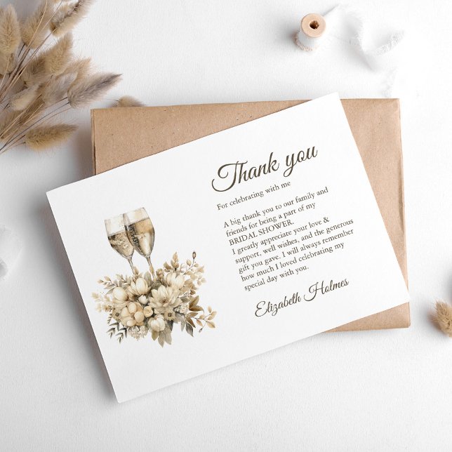 Carte De Remerciements Fête des mariées de Fleurs de Champagne Brunch et  (Brunch and Bubbly Champagne Flowers Bridal Shower Thank You Card on a boho white table.)