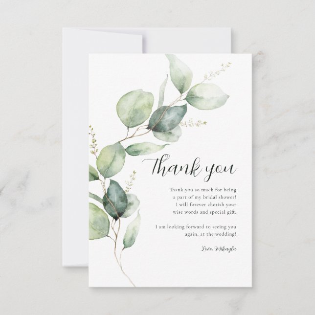 Carte De Remerciements Fête des mariées de script Eucalyptus aquarelle (Devant)