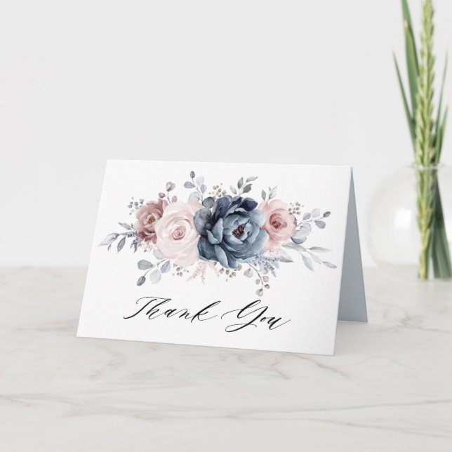 Carte De Remerciements Fête des mariées en ardoise rose Rose bleu foncé (Devant)