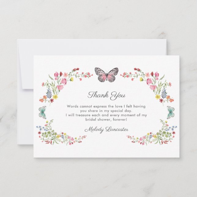 Carte De Remerciements Fête des mariées Fleur sauvage papillon (Devant)