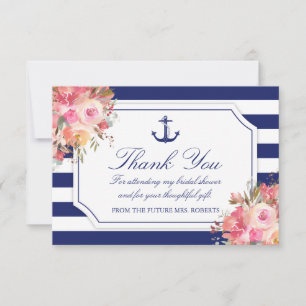 Carte De Remerciements Fête des mariées Floral Ancre marine Bleu Bande