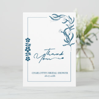 Carte De Remerciements Fête des mariées florale et typographie bleu foncé