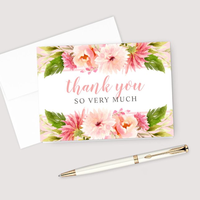Carte De Remerciements Fête des mariées Mariage de fleurs d'aquarelle ros (Créateur téléchargé)