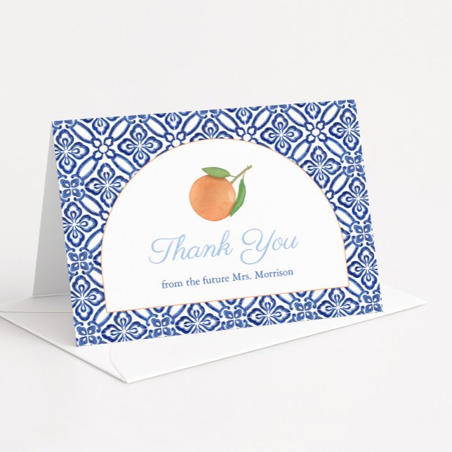 Carte De Remerciements Fête des mariées moderne Arch Blue Tile Citrus (Modern arch with antique blue and white Italian tiles & single orange wedding shower thank you cards)