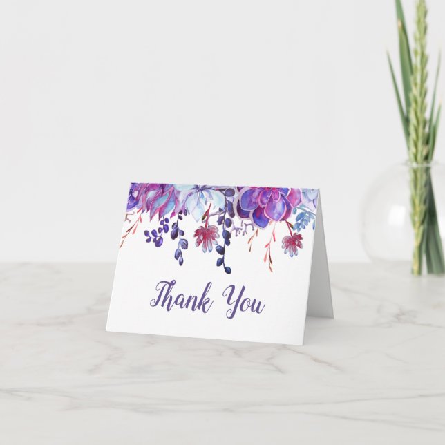 Carte De Remerciements Fête des mariées moderne violet aquarelle Succulen (Devant)