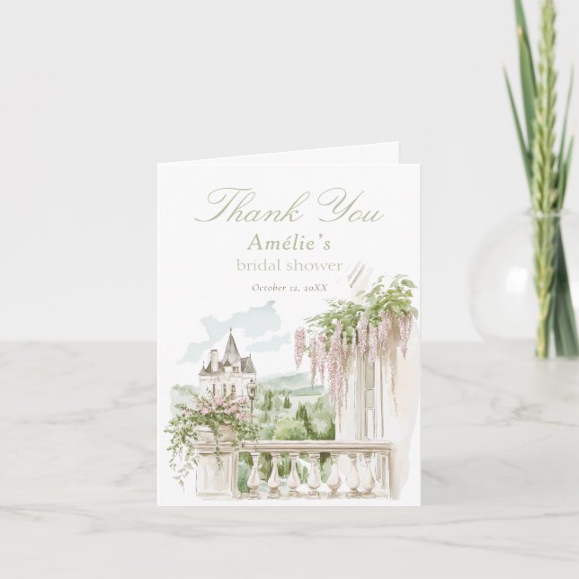Carte De Remerciements Fête des mariées romantique du Château de Jardin F (Devant)